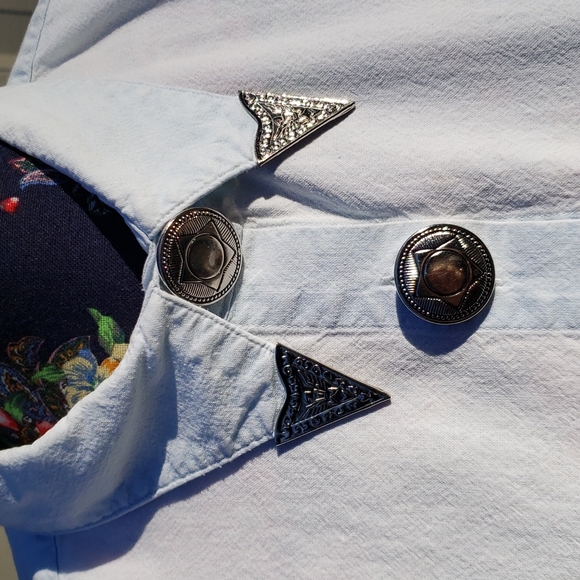 Venezia authentic 80s/90s denim shirt w/ silvertone collar points & shoulder pad - Picture 2 of 12